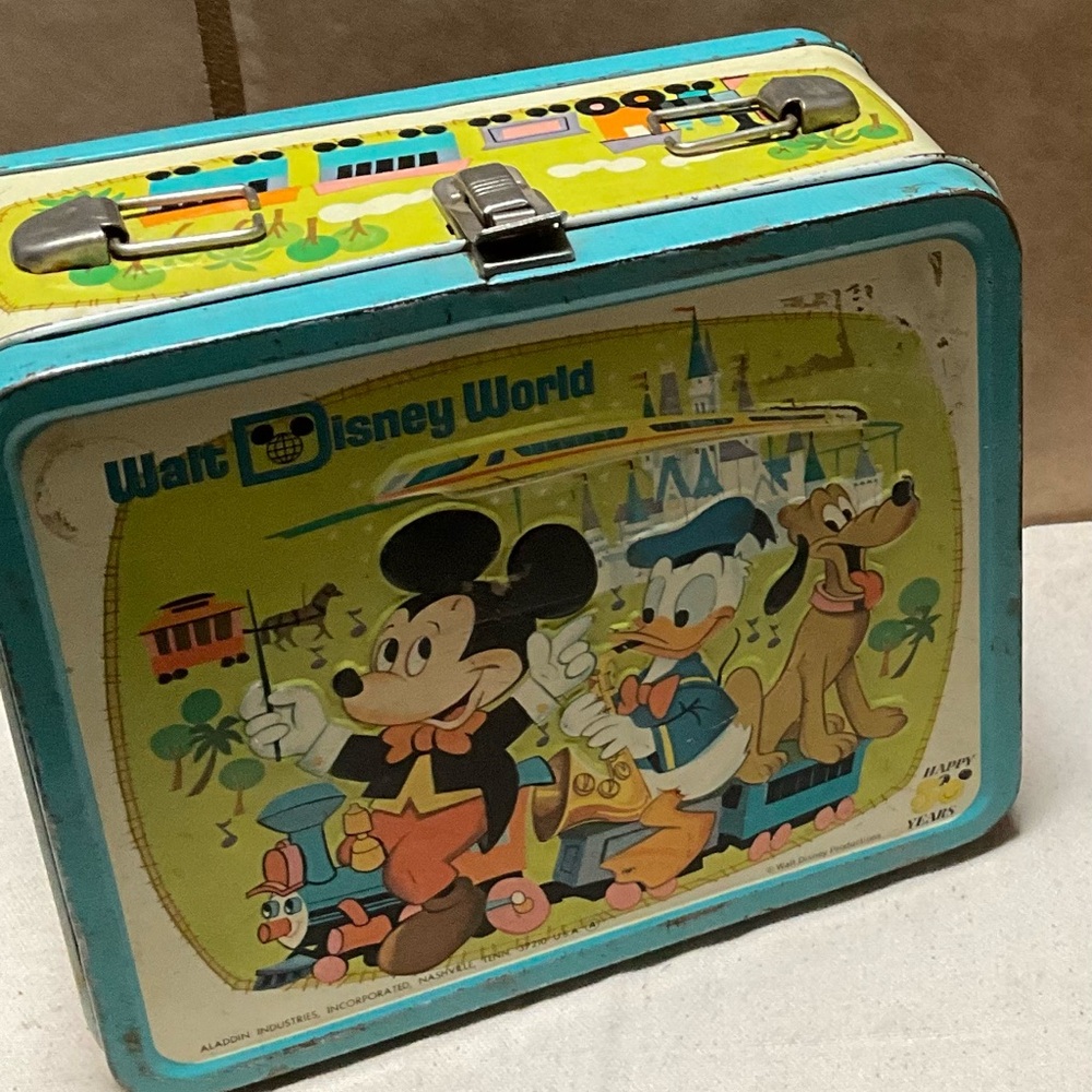 Walt Disney Vintage Lunchbox Blue Metal Lunch Box Mickey Mouse & Friends